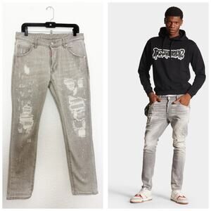DSquared2 Men’s Grey Skater Jeans Size 50 Distressed Paint Splatter